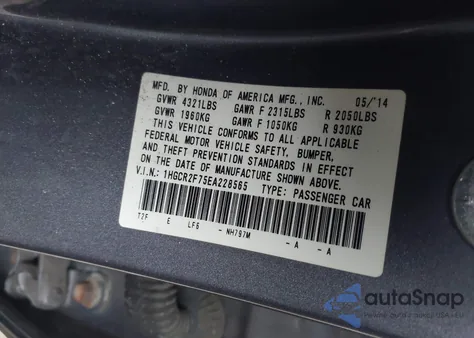 2014 Honda Accord Ex из США, поврежденный, VIN 1HGCR2F75EA228565